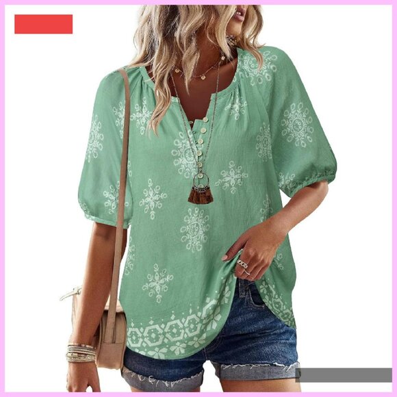 Floral Boho Button Down Shirt V-Neck Short Sleeve Blouse Casual Summer Top - Picture 2 of 4